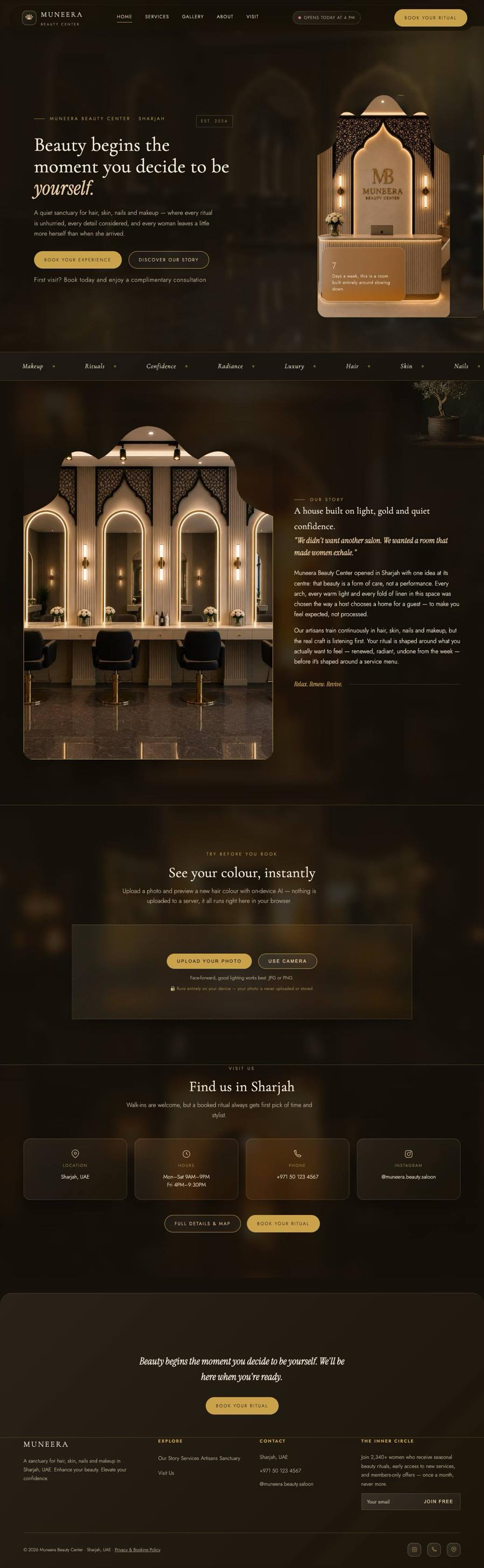 The whole Muneera Beauty Center page, top to bottom